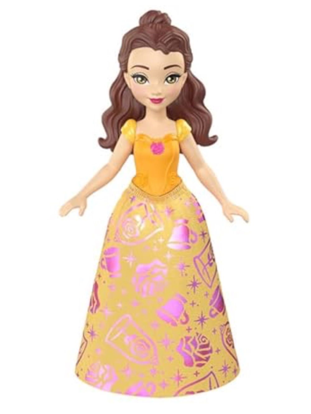 Disney Princess Bell Gold Yellow Dress Fashion Doll with Rose Dress Mattel 9cm